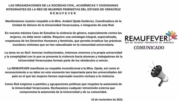 Respalda Remufever a coordinadora de Unidad de género de la UV; exige que saquen las manos actores externos