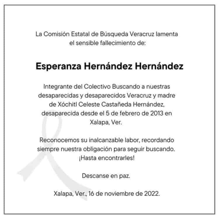 Esperanza, madre buscadora que perdió la vida sin poder localizar a su hija desaparecida desde 2013 en Xalapa