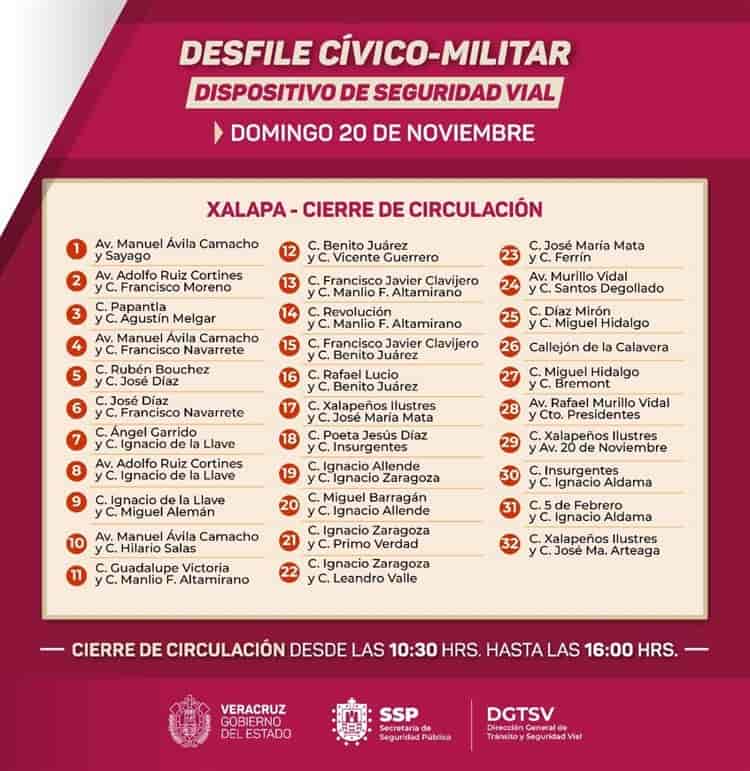 ¡Atento! Estos serán los cierres viales por desfile del 20 de Noviembre en Xalapa