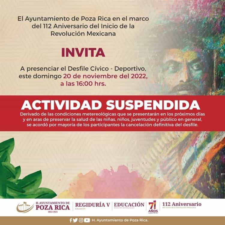 Suspenden desfiles del 20 de noviembre en Poza Rica y Coatzintla