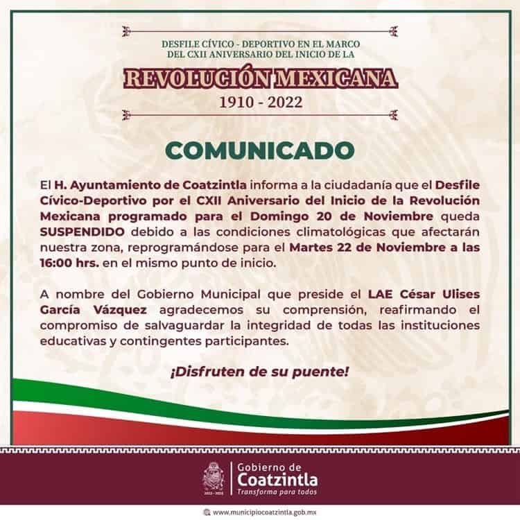 Suspenden desfiles del 20 de noviembre en Poza Rica y Coatzintla