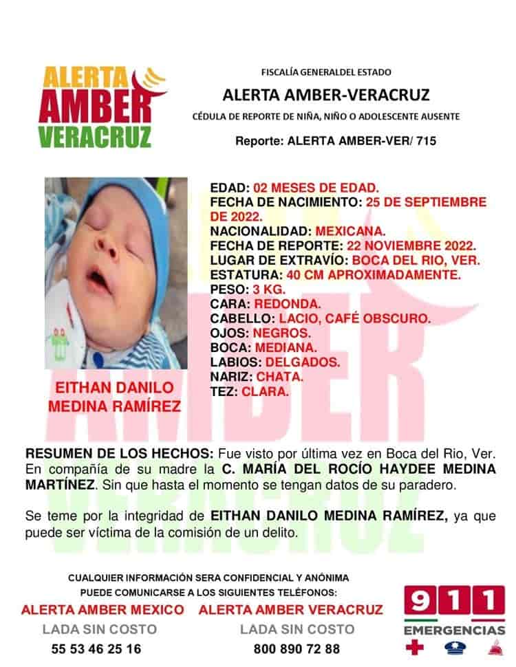 Activan Alerta Amber por bebé desaparecido en Boca del Río