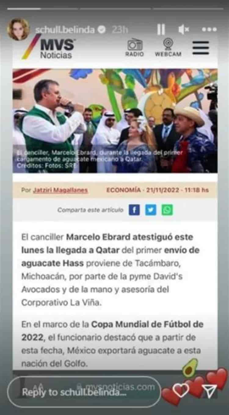 Familia de Belinda aplaude a Ebrard por exportación de aguacates a Qatar