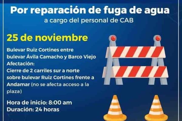 Cierran tramo de bulevar Ruiz Cortines de Boca del Río por reparación de fuga