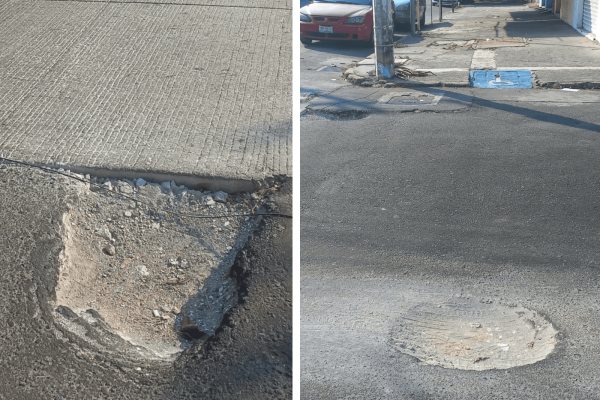 Baches y banquetas ponen en riesgo el caminar de vecinos en colonia Ricardo Flores Magón