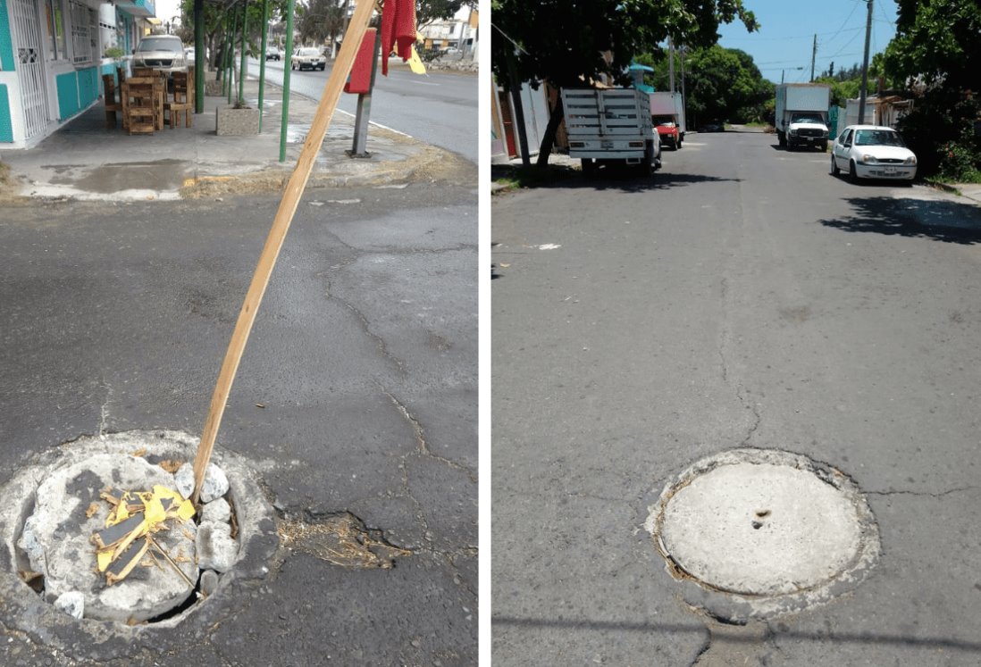 Reparan registros destrozados en colonia Los Pinos de Veracruz