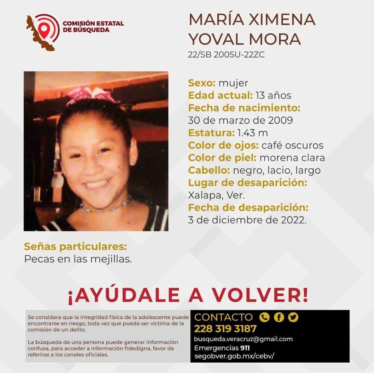 Buscan a la menor a María Ximena Yoval; desapareció en el estado de Veracruz