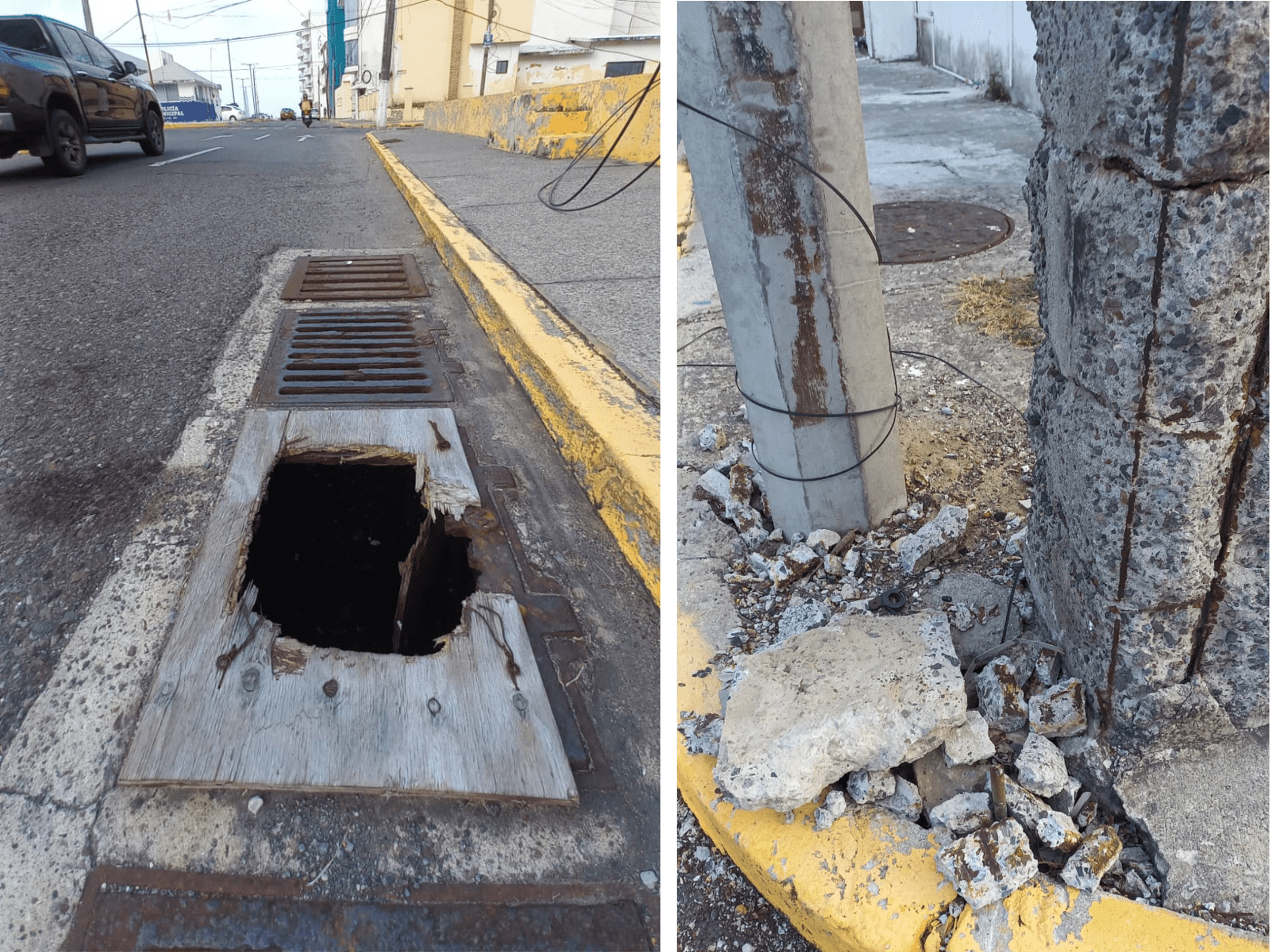 Urgen vecinos en Costa Verde la reparación de un poste en mal estado y registro dañado