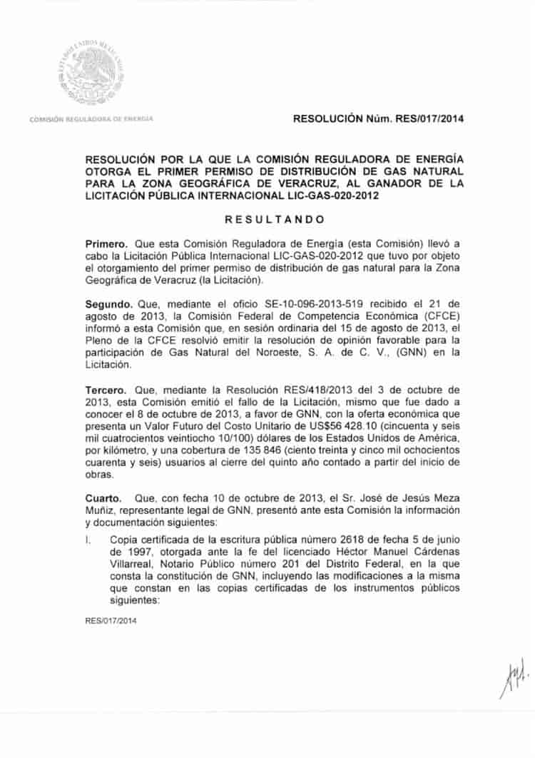 Gas Natural del Noroeste exhibe permiso de distribución de gas otorgado por la CRE en 2014