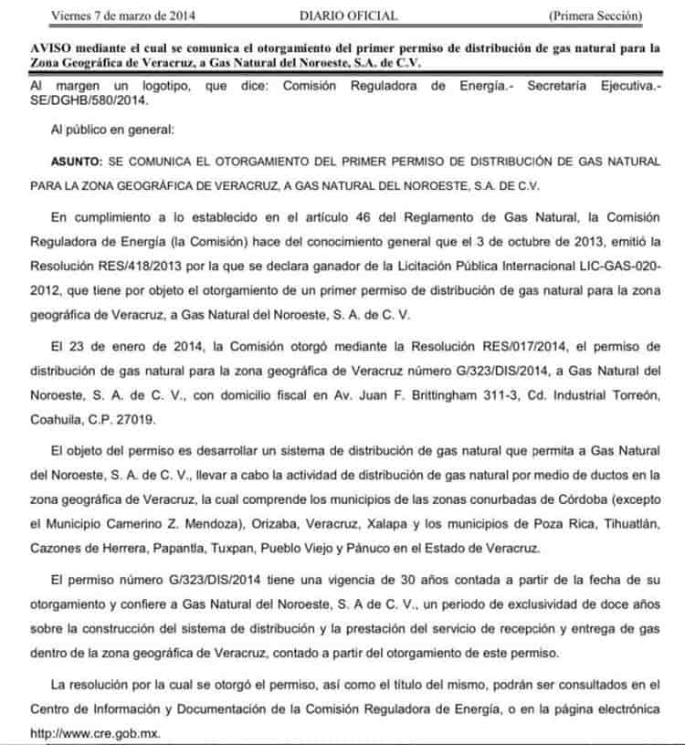 Gas Natural del Noroeste exhibe permiso de distribución de gas otorgado por la CRE en 2014