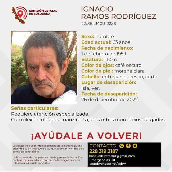 Desaparece don Ignacio en Isla Veracruz; requiere atención especializada