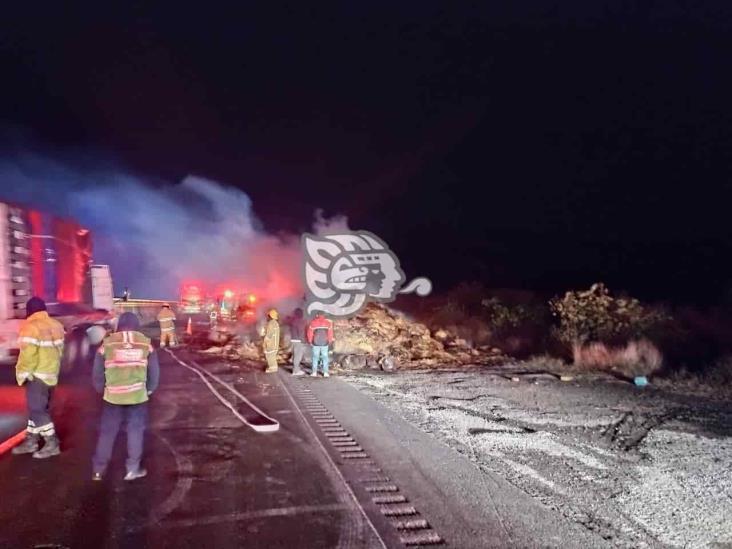 Remolque se incendia en autopista de Veracruz