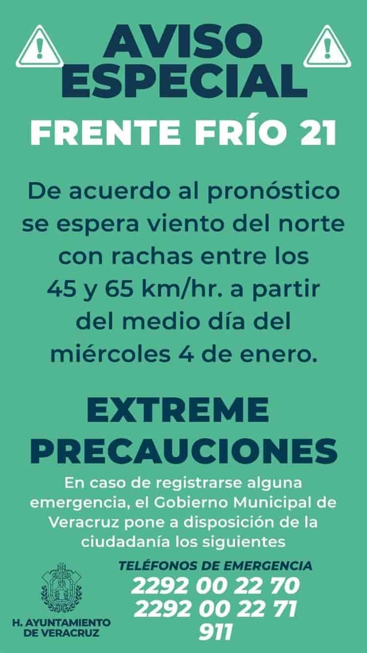 Alertan por ingreso de Frente Frío 21 esta noche en Veracruz; norte tendrá rachas de 60 km/hr