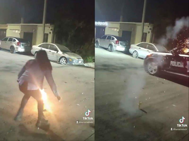 ¿Qué podría salir mal? Joven avienta un cohete y cae en una patrulla (+Video)