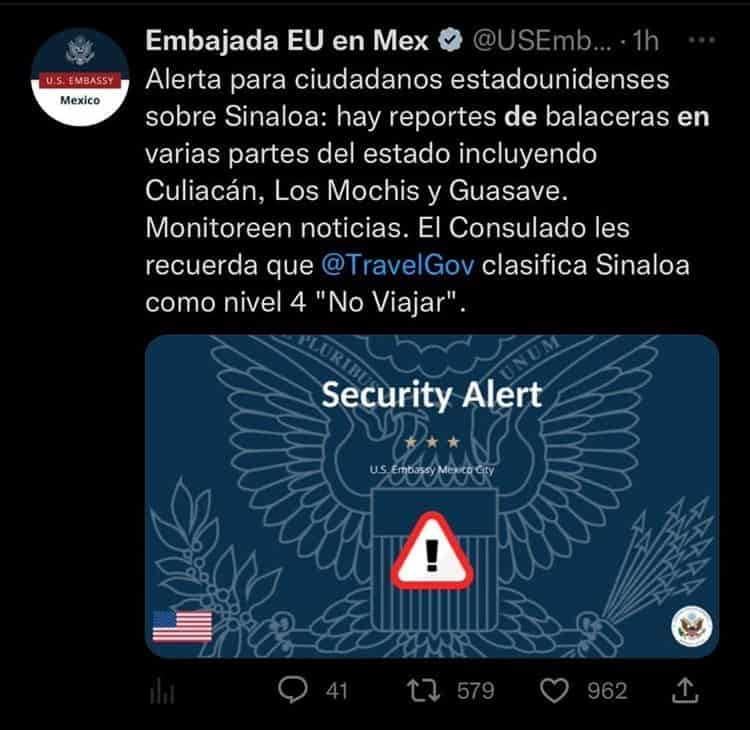 Embajada de EU emite alerta de seguridad por enfrentamientos en Culiacán, Sinaloa