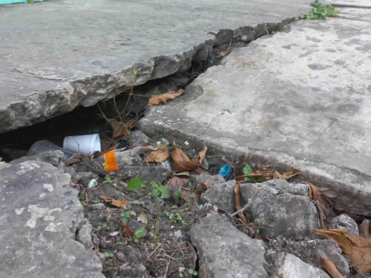 Vecinos en Boca del Río llaman a reparar banqueta desprendida y cuarteada