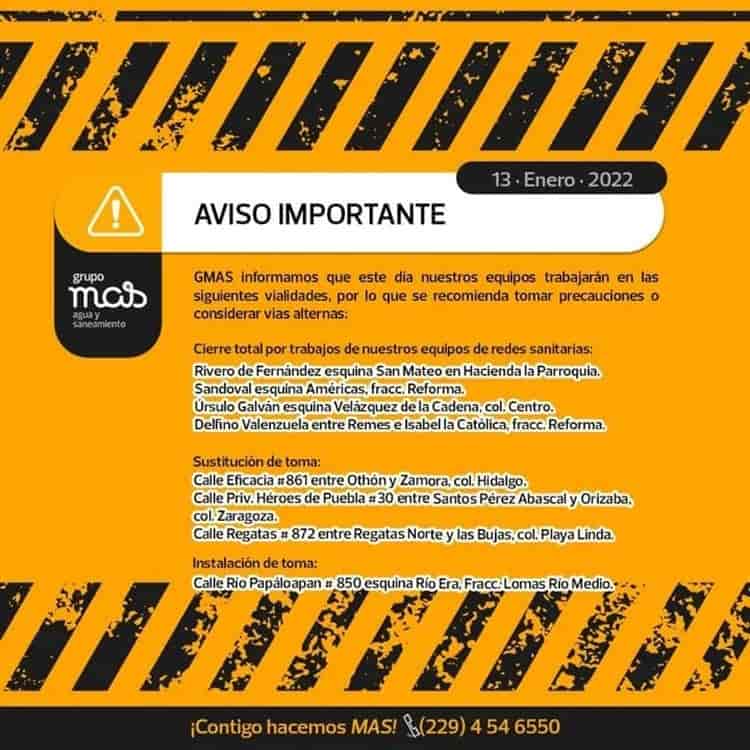 Estos son los cierres viales para hoy viernes 13 en Veracruz por obras de Grupo MAS