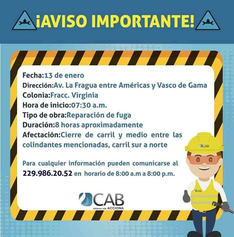 ¡Por 8 horas! Habrá cierre vial por reparación de fuga en calles de Boca del Río