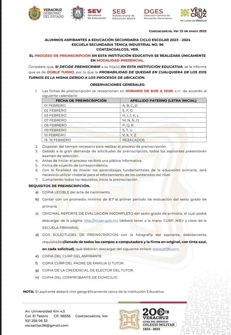 ¿Ya estás listo? Lanza ETI 96 fechas de preinscripciones en Coatzacoalcos