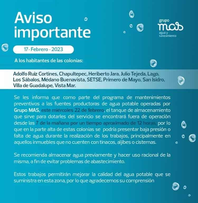 12 colonias de Veracruz presentarán falta de agua el próximo 22 de febrero