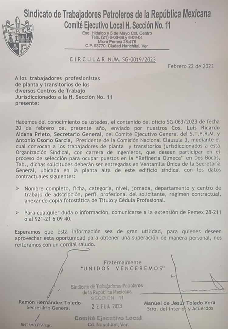 ¡Atención! Abren convocatoria para ingenieros de la Sección 11 en la Refinería Olmeca