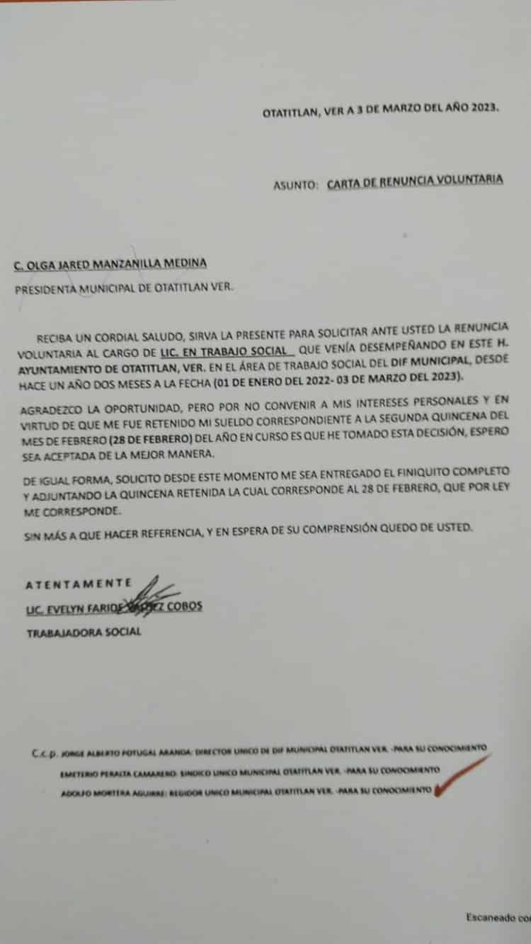 Empleada del DIF de Otatitlán renuncia por falta de pago