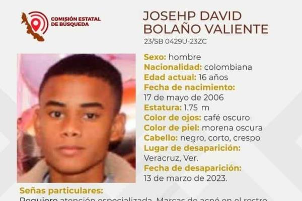 Josehp David, originario de Colombia, desapareció en Veracruz