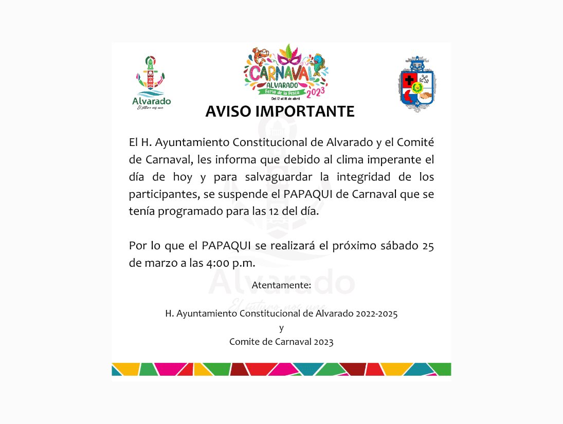 Suspenden papaqui del Carnaval en Alvarado por norte