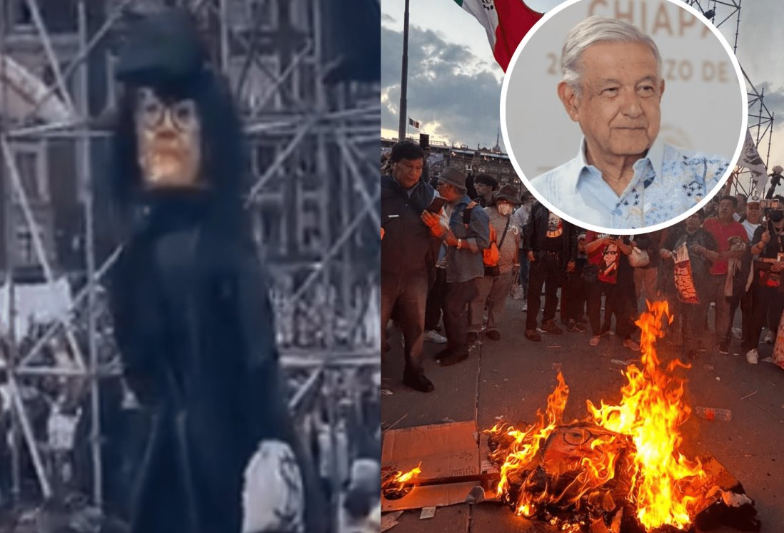 Reprueba AMLO quema de figura de la ministra Piña durante concentración en el Zócalo (+Video)