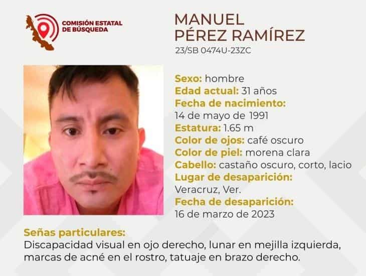 Manuel Pérez es buscado por sus familiares en Veracruz; tiene discapacidad visual