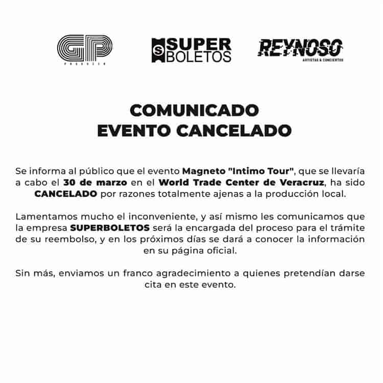 Cancelan definitivamente concierto de Magneto en Veracruz