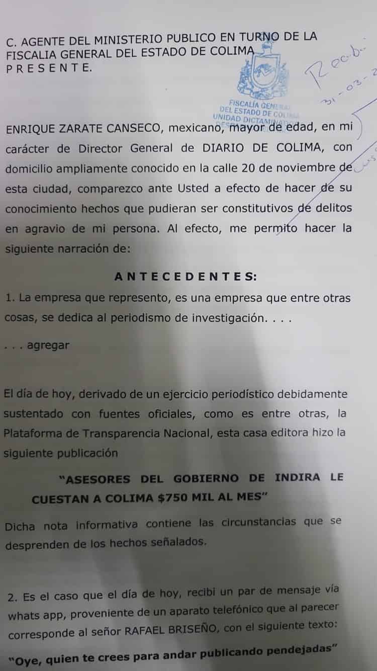 Intimida asesor de gobernadora al director de Diario de Colima