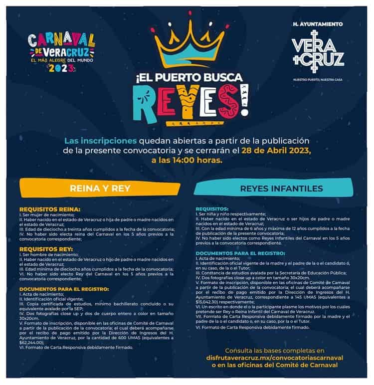 Abren convocatoria para buscar a los próximos reyes del Carnaval de Veracruz 2023