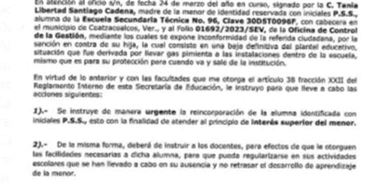 Ordena SEV reinstalar a alumna expulsada de la ETI 96 por portar gas pimienta