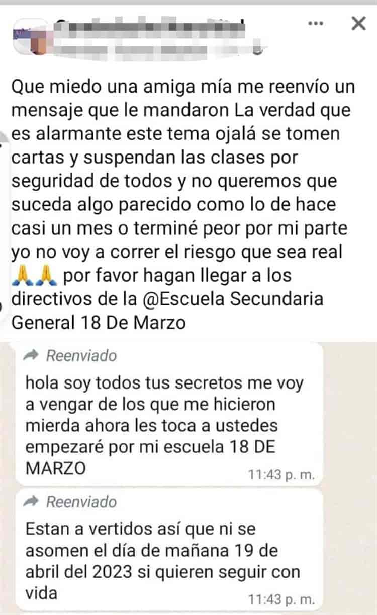 Evacúan secundaria por amenazas en el sur de Veracruz