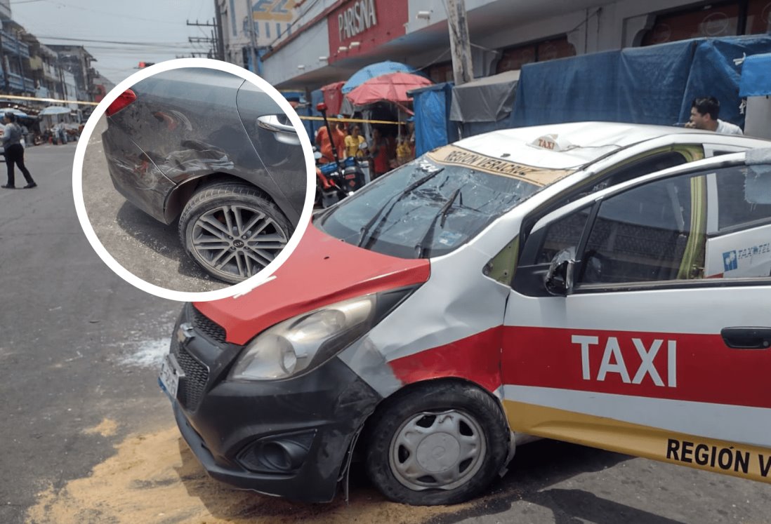 Vuelca taxi al chocar con automóvil en zona de mercados de Veracruz(+Video)