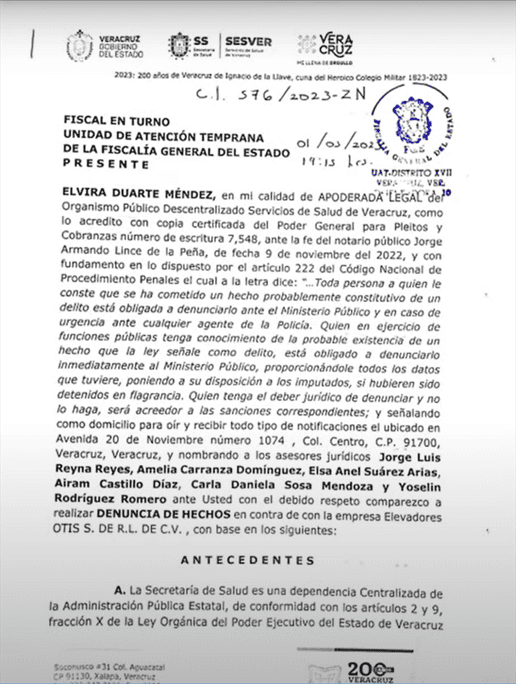 Gobierno denuncia a empresa OTIS por caída de elevador en Torre Pediátrica de Veracruz y advierte a director de hospital