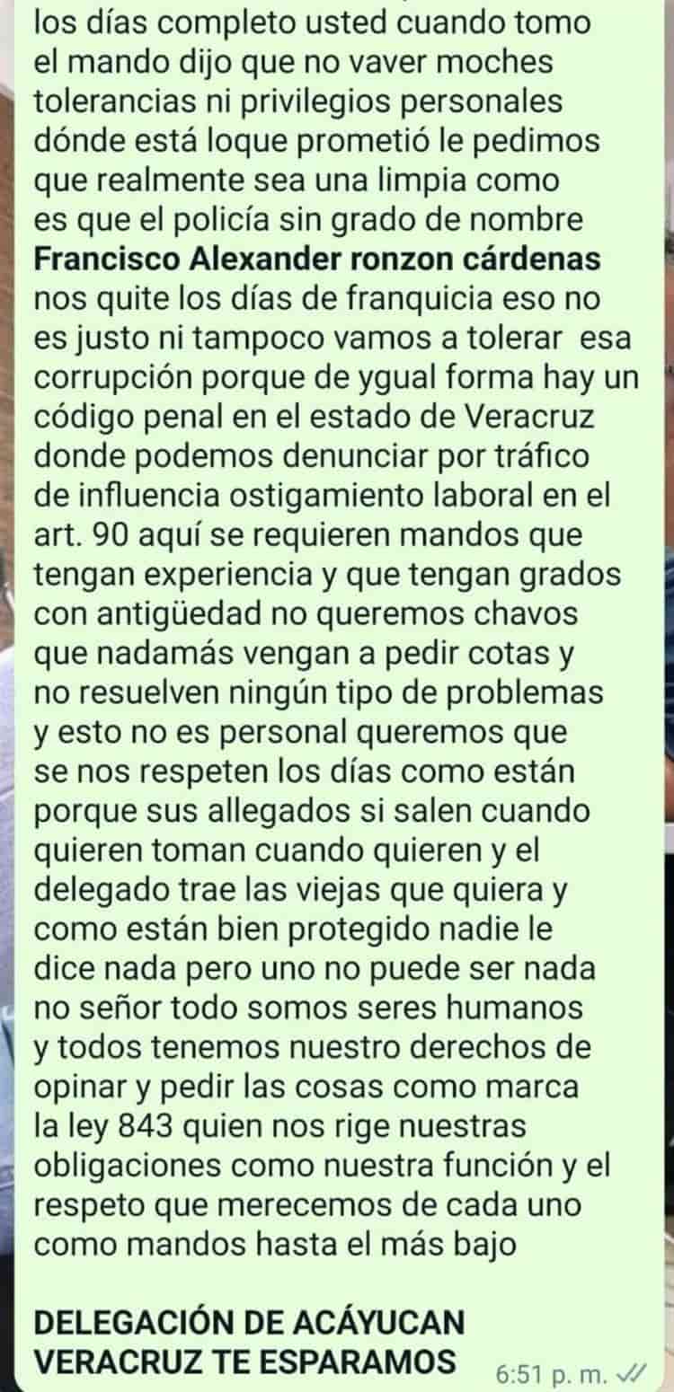 ¡Les quitaron días de franquicia!, Oficiales de SSP Acayucan circulan queja hacia delegado