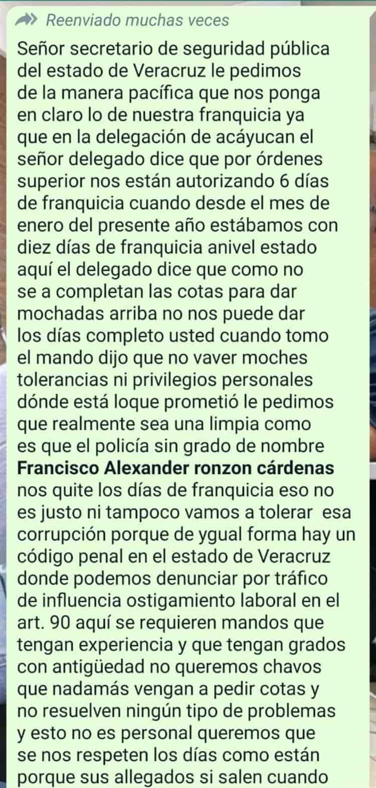 ¡Les quitaron días de franquicia!, Oficiales de SSP Acayucan circulan queja hacia delegado