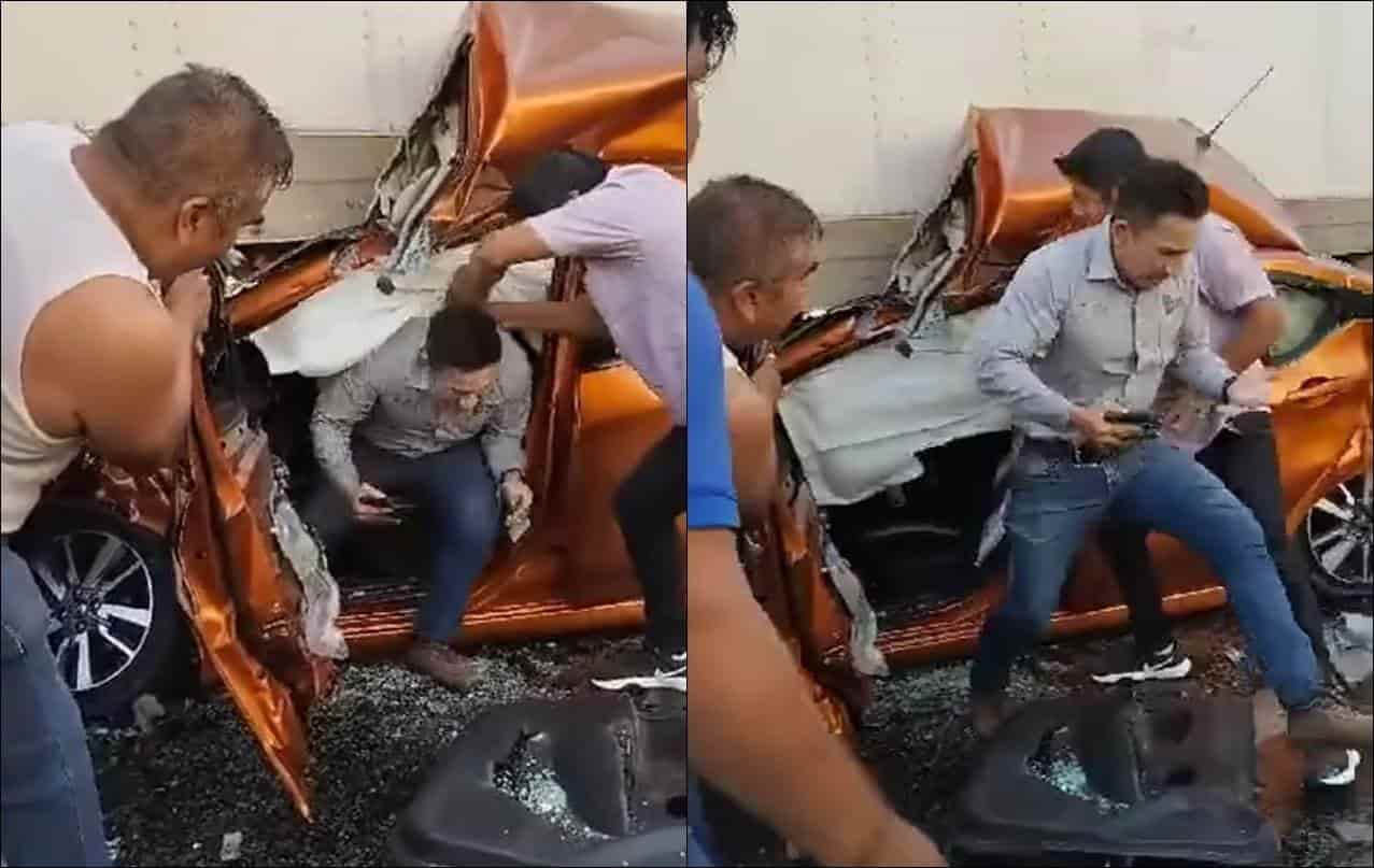 ¡Volvió a nacer! Conductor resulta ileso al quedar su auto bajo una caja de tráiler en Tabasco(+Video)