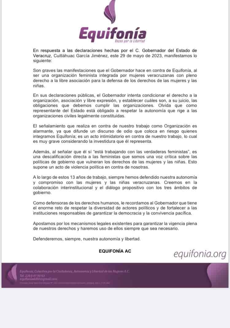 En riesgo mujeres veracruzanas tras discurso de odio de Gobernador de Veracruz: Equifonía