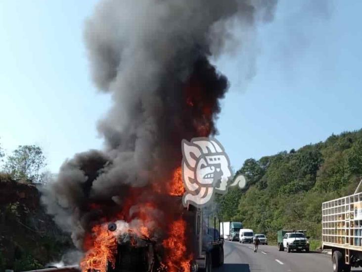 ¡En cenizas! Se incendia tráiler en la autopista Puebla-Orizaba