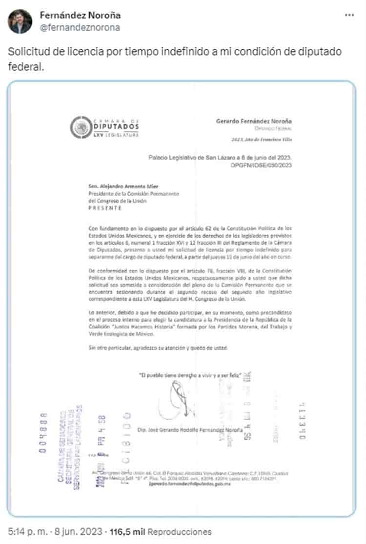 Fernández Noroña solicita licencia como diputado; buscará contender por Morena