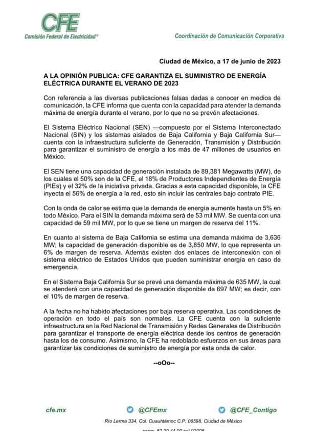 Pese a ola de calor y alta demanda, CFE garantiza servicio eléctrico en el país