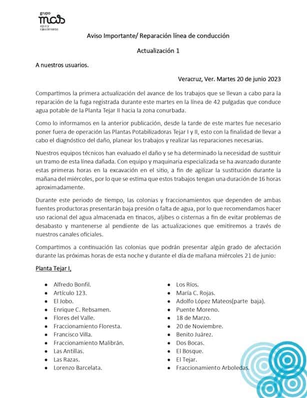 Al menos 89 colonias de Veracruz se quedarán sin agua este miércoles por fuga