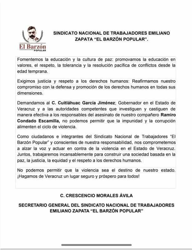 Barzón Popular da por muerto a Ramiro Condado y  exige al gobierno de Veracruz alto a la violencia