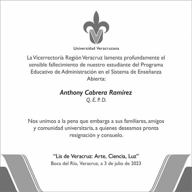 UV lamenta muerte de Anthony en accidente en la ciudad de Veracruz