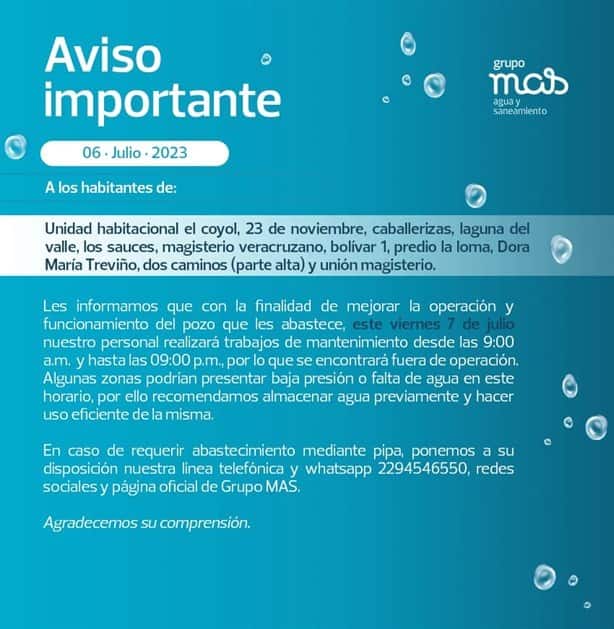 Este viernes no tendrán agua estas colonias de Veracruz