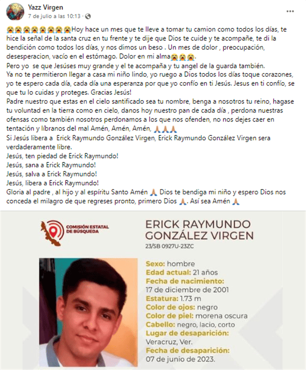 Estudiante del Itver cumple un mes desaparecido en Veracruz; continúa la búsqueda de Erick