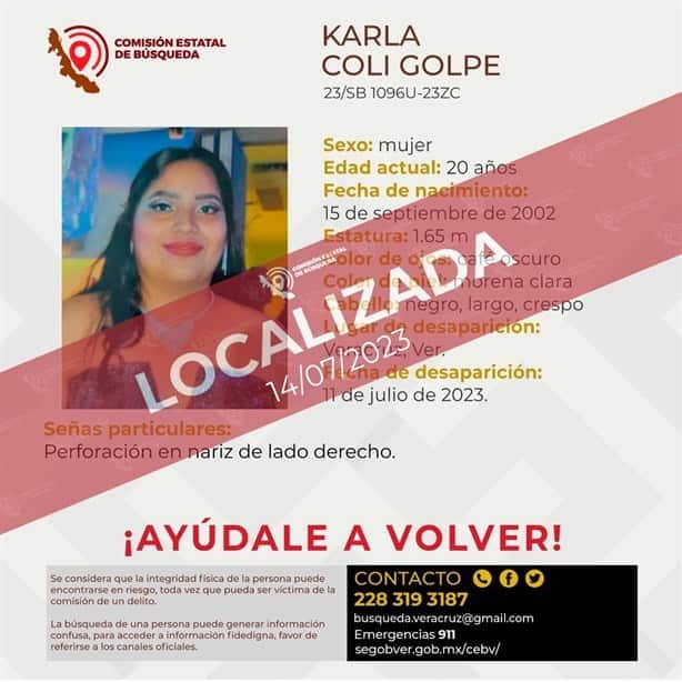 Hallan con vida a Karla Coli, joven desaparecida en la ciudad de Veracruz